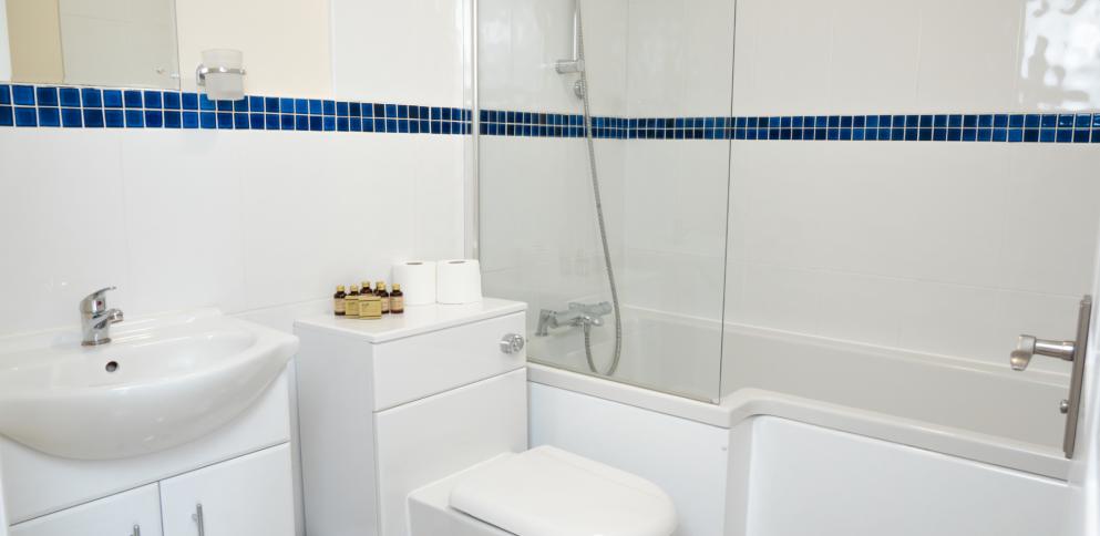 bathroom with white tiles and a blue border line.