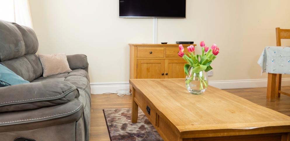 grey suede sofas in living room with wall-mounted TV