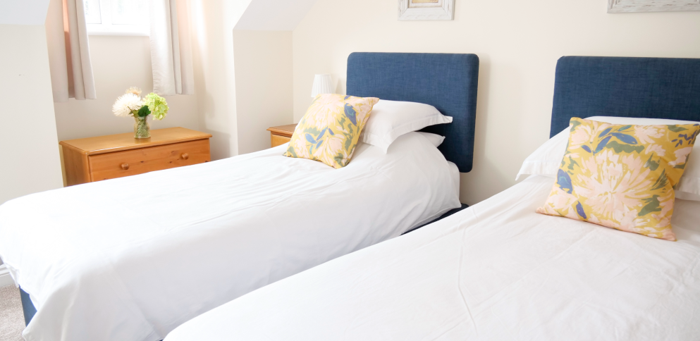 twin bedroom with comfortable beds and blue headboards by an open window